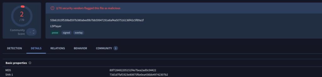 VirusTotal report for the exact LDPlayer 14 installer showing 2 of 70 security vendors flagged the file.