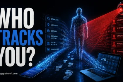 Digital footprint tracking illustrated with a data silhouette, browser traces, and red scanning beam