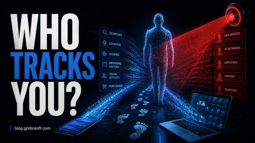 Digital footprint tracking illustrated with a data silhouette, browser traces, and red scanning beam
