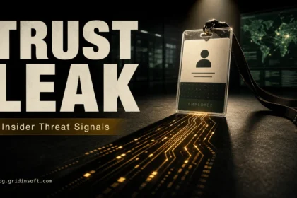 Employee badge with data trails illustrating insider threat signals