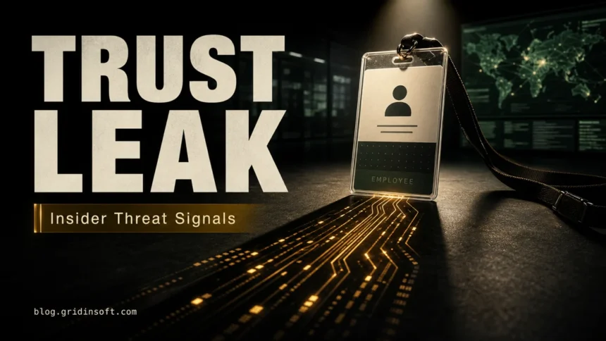 Employee badge with data trails illustrating insider threat signals