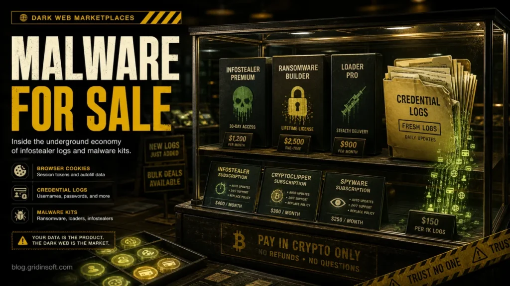 Dark web malware marketplace with infostealer logs and malware kits for sale.