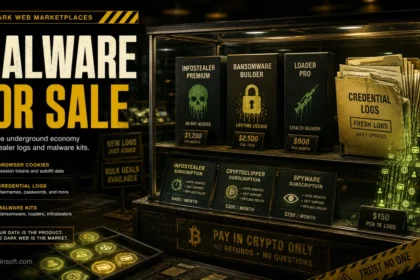 Dark web malware marketplace with infostealer logs and malware kits for sale.
