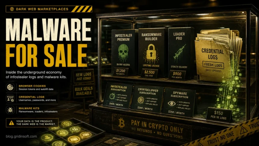 Dark Web Malware: Stealer Logs, MaaS, and How to Stay Safe 1 Dark web malware marketplace with infostealer logs and malware kits for sale.