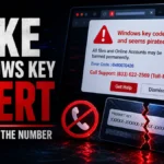 Fake Windows key alert poster with a scam pop-up, blocked phone call, and cracked product key.