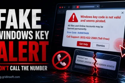 Fake Windows key alert poster with a scam pop-up, blocked phone call, and cracked product key.