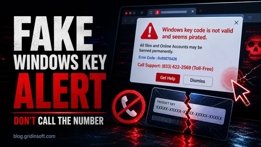 Fake Windows key alert poster with a scam pop-up, blocked phone call, and cracked product key.