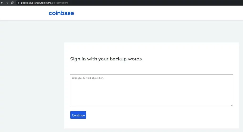 Fake seed phrase entry page used in a crypto wallet phishing attack