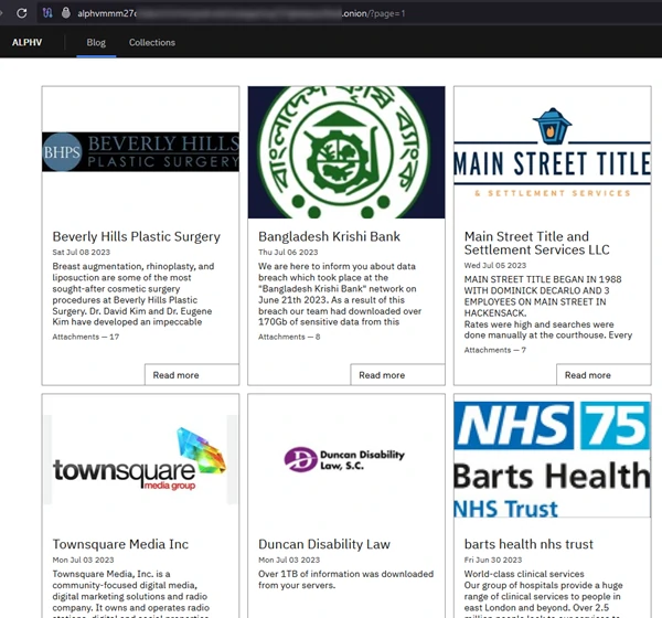Alphv leak site main page