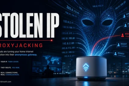 Proxyjacking illustration showing a home router turned into a stolen IP gateway.
