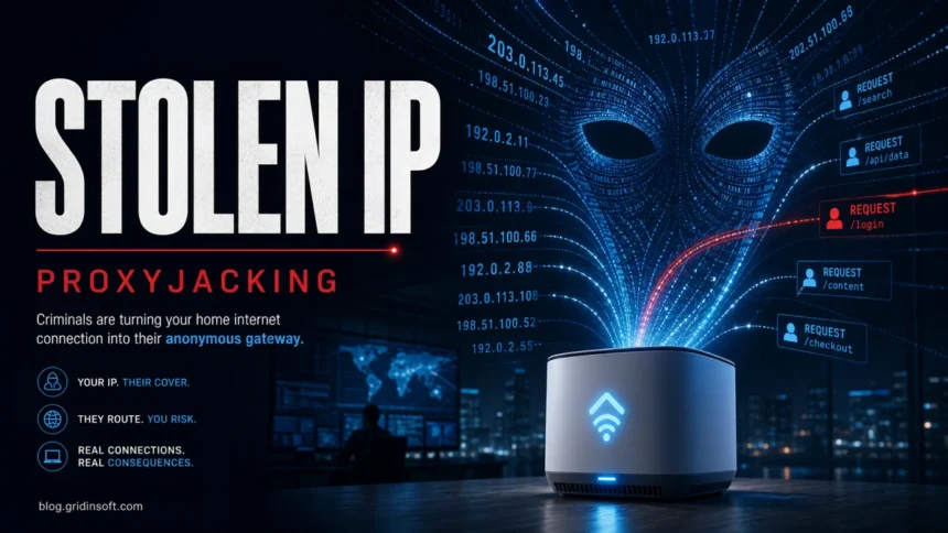Proxyjacking illustration showing a home router turned into a stolen IP gateway.