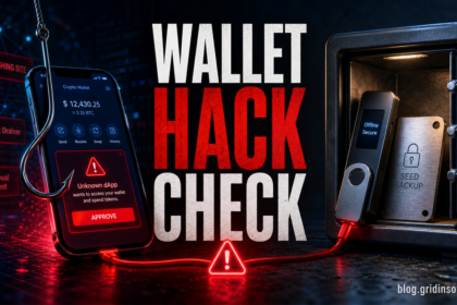 Wallet hack check poster showing hot wallet phishing risks and cold wallet offline storage.
