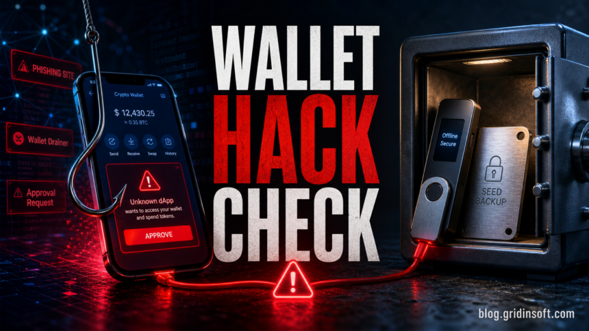 Wallet hack check poster showing hot wallet phishing risks and cold wallet offline storage.