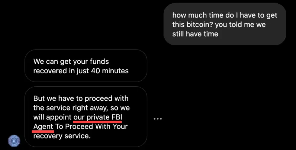 Chat screenshot where a scammer claims a private FBI agent can recover bitcoin