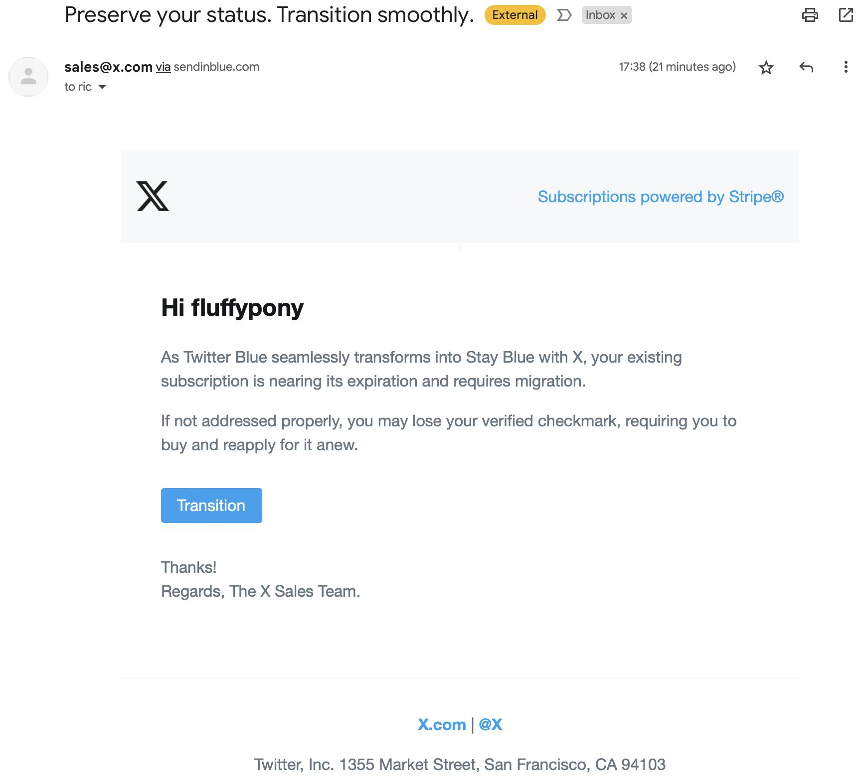 A screenshot of a fake email from X 