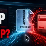 .zip domain safety poster showing invoice.zip turning into a phishing trap.