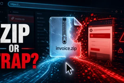 .zip domain safety poster showing invoice.zip turning into a phishing trap.