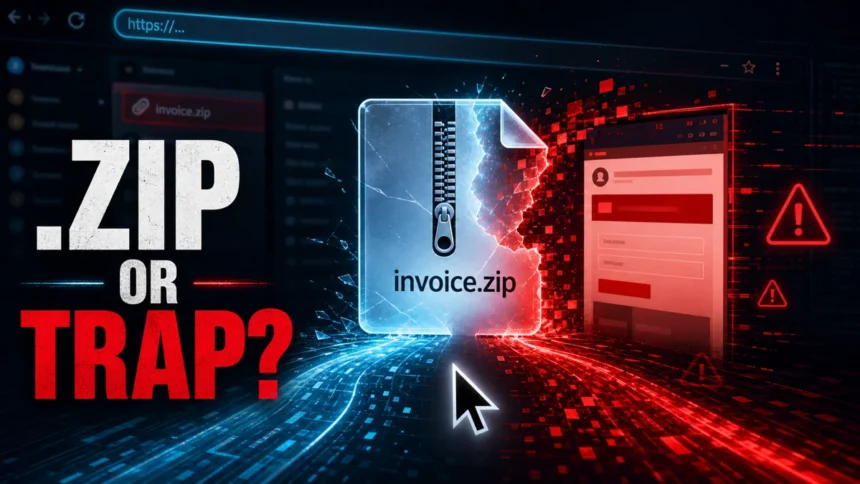 .zip domain safety poster showing invoice.zip turning into a phishing trap.