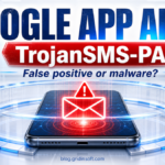 Google app alert and TrojanSMS-PA warning scanned on an Android phone.
