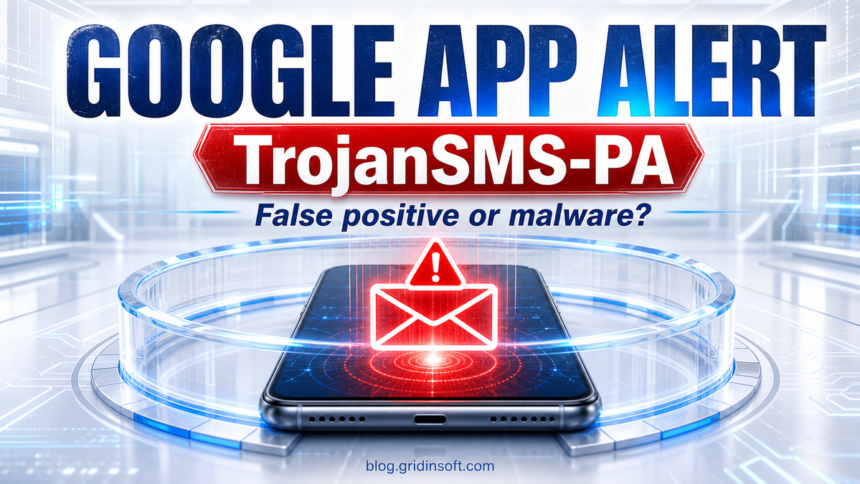 Google app alert and TrojanSMS-PA warning scanned on an Android phone.