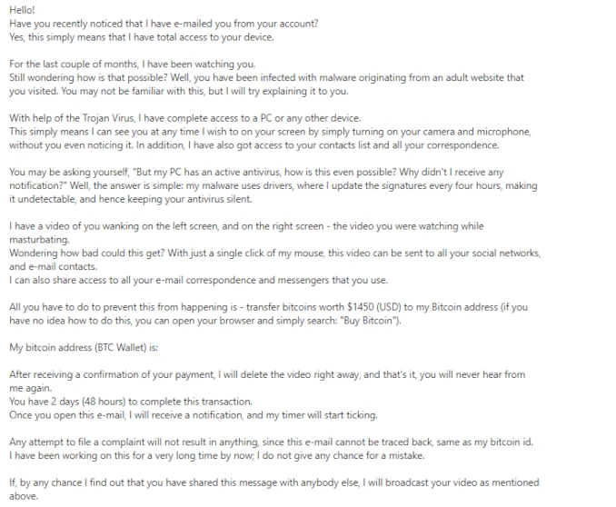Bitcoin blackmail email pretending to be from a professional hacker