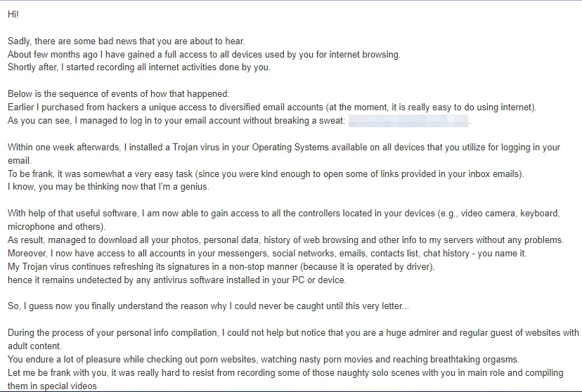 What Is Sextortion? Scam Email Signs and What to Do 2 Example of a sextortion-style hacker email scam