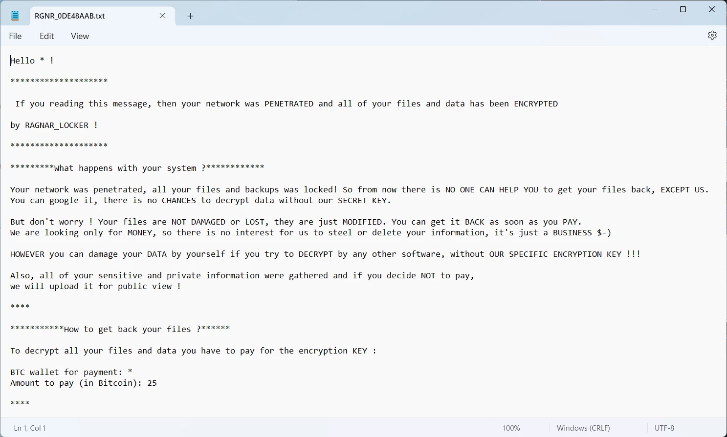 RagnarLocker ransom note
