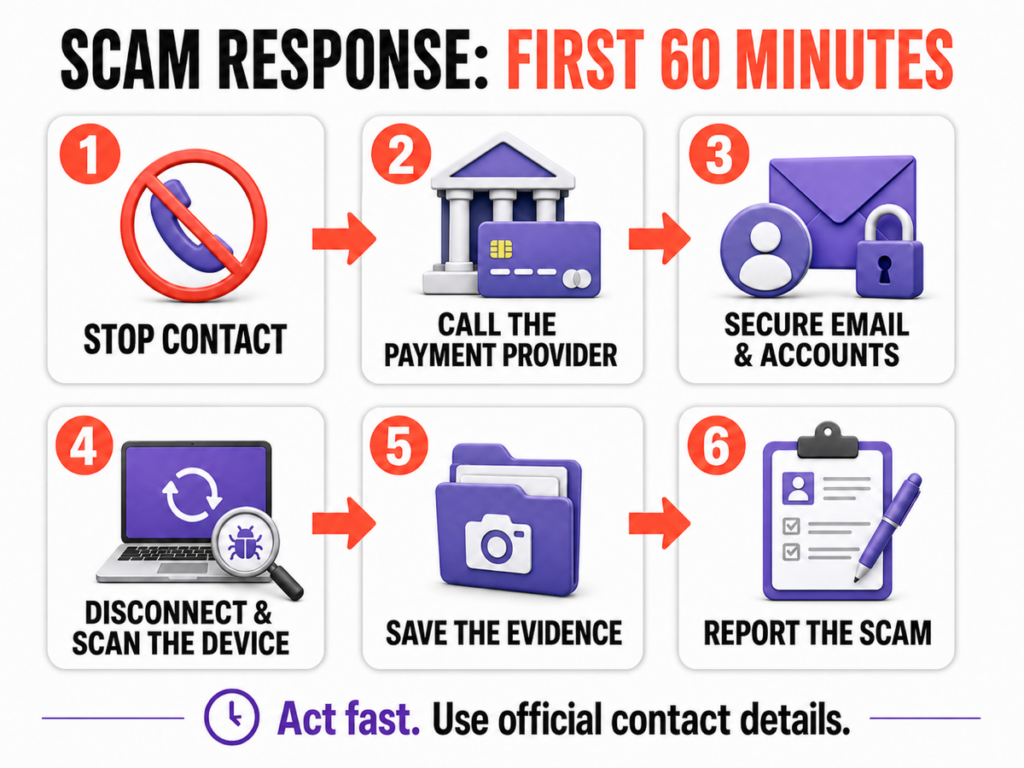 Six actions to take in the first 60 minutes after an online scam: stop contact, call the payment provider, secure accounts, disconnect and scan the device, save evidence, and report the scam.
