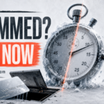 Frozen stopwatch, cut cable, and payment card illustrate the urgent response after an online scam.