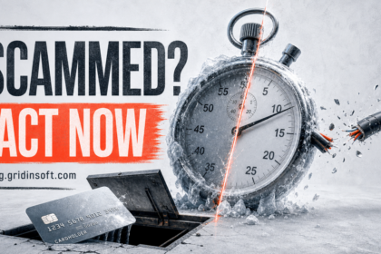 Frozen stopwatch, cut cable, and payment card illustrate the urgent response after an online scam.