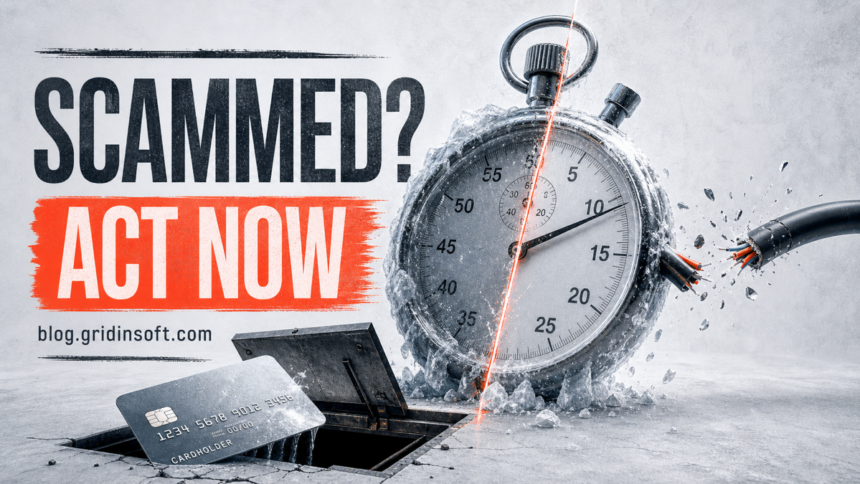 Frozen stopwatch, cut cable, and payment card illustrate the urgent response after an online scam.
