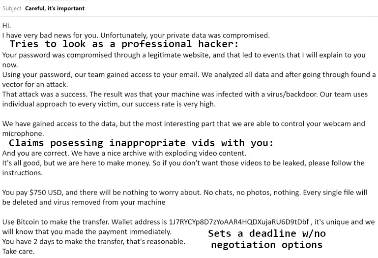 What Is Sextortion? Scam Email Signs and What to Do 3 Template-style sextortion email with generic blackmail wording