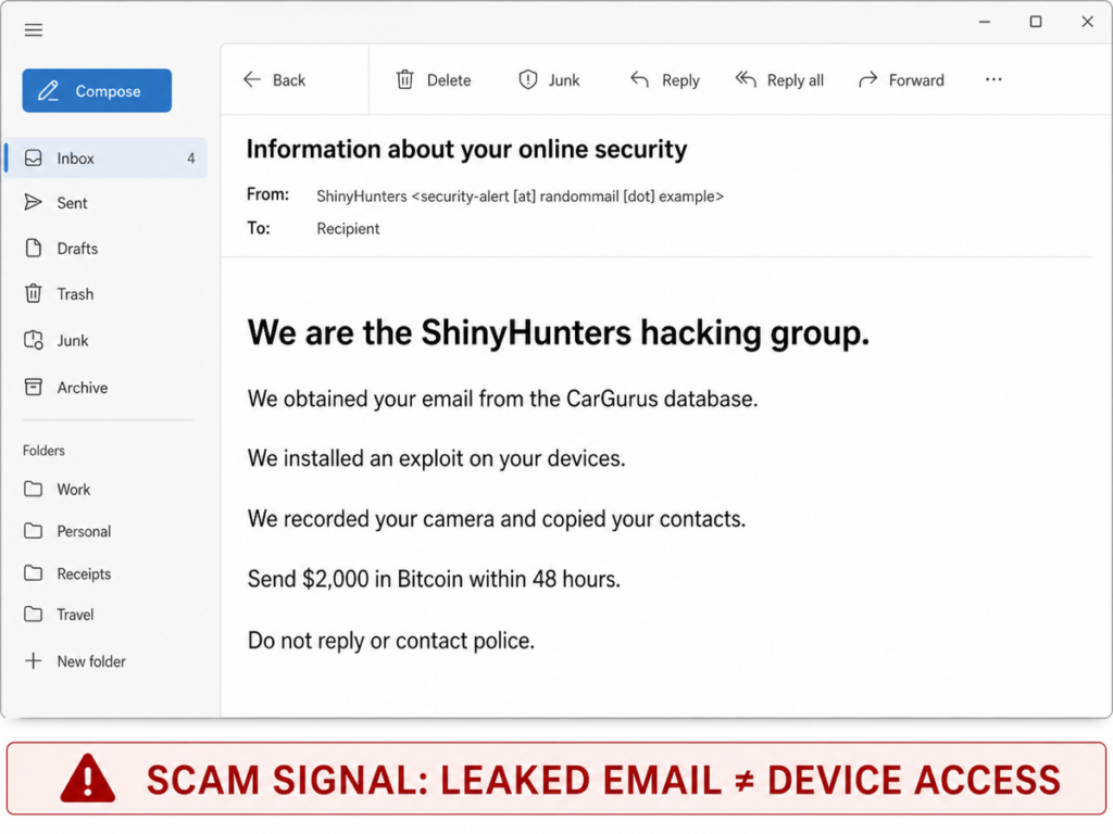 What Is Sextortion? Scam Email Signs and What to Do 4 Illustrative ShinyHunters sextortion email demanding $2,000 within 48 hours