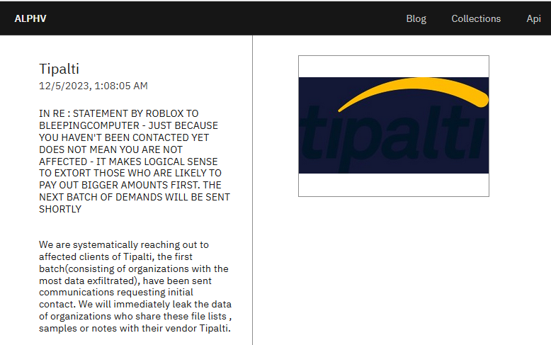 ALPHV ransomware Tipalti listing