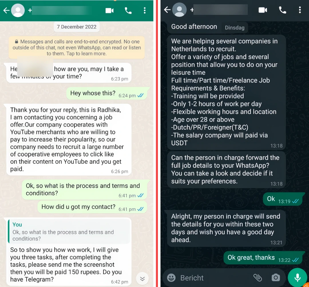 Examples of Facebook job scams screenshot