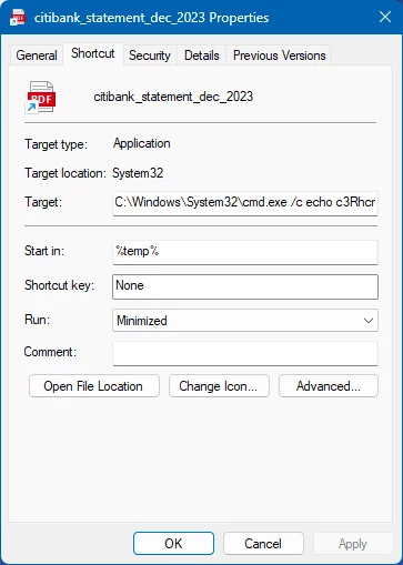 Malicious shortcut file disguised as a document in an AZORult phishing campaign