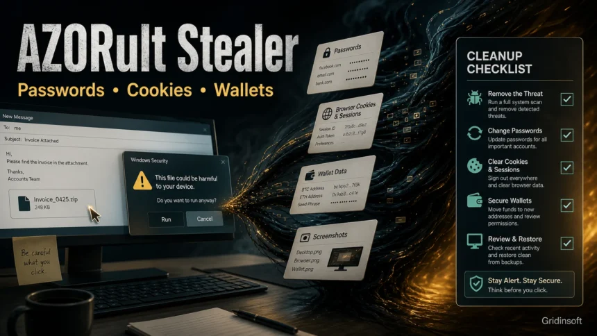 AZORult stealer phishing attachment, stolen browser data, and cleanup checklist