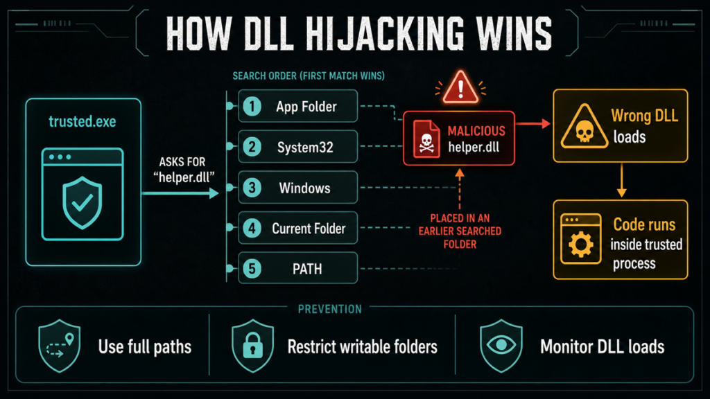 DLL Search Order Hijacking: How It Works and How to Prevent It 2 Diagram showing how a trusted executable can load a malicious DLL from an earlier searched folder.