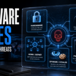 Malware types poster showing ransomware, Trojan, worm, botnet, spyware, stealer, and fileless malware categories.