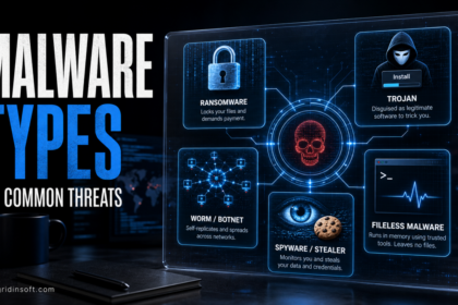Malware types poster showing ransomware, Trojan, worm, botnet, spyware, stealer, and fileless malware categories.