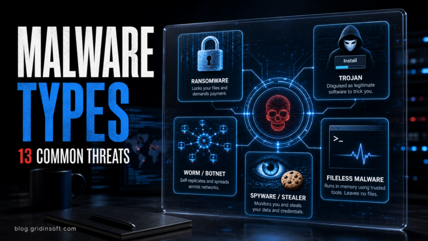 Malware types poster showing ransomware, Trojan, worm, botnet, spyware, stealer, and fileless malware categories.
