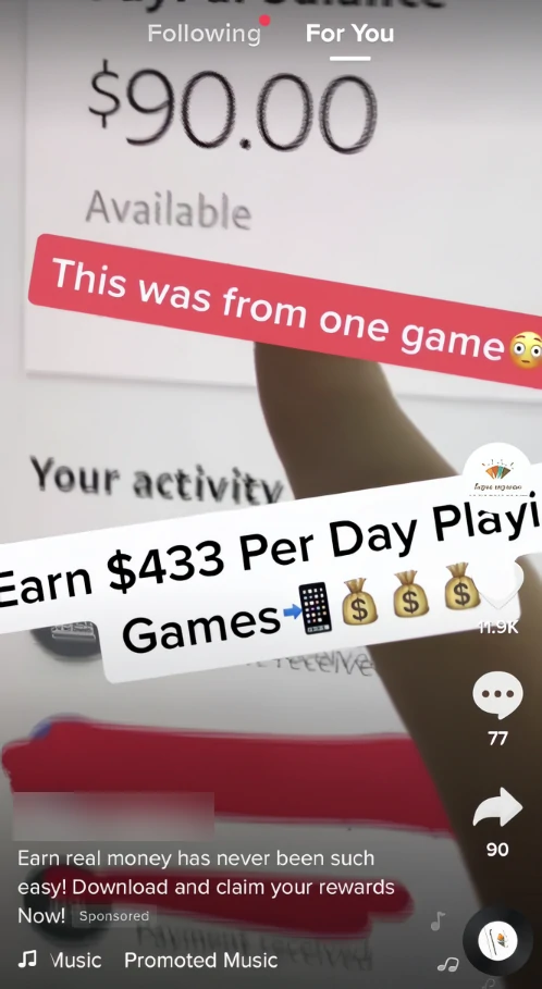 Deceptive TikTok ad promoting a fake money-making app