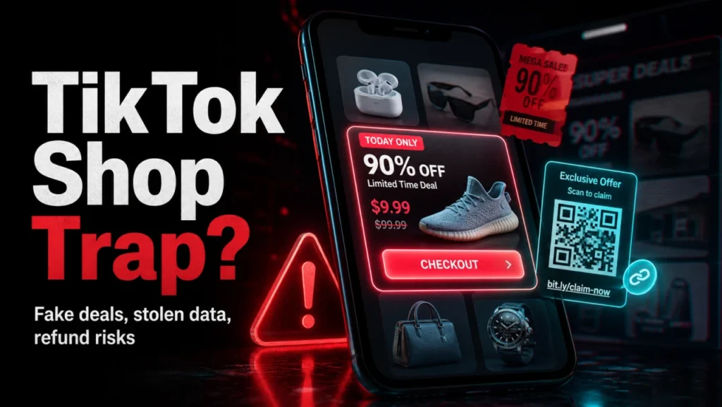 TikTok Shop scam warning with fake deals, phishing QR code, and checkout trap