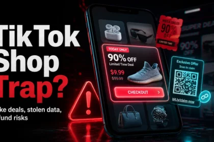 TikTok Shop scam warning with fake deals, phishing QR code, and checkout trap