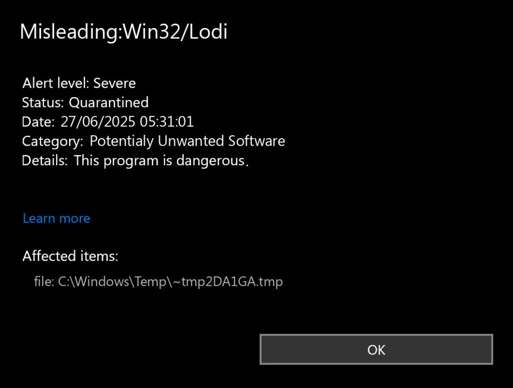 Misleading:Win32/Lodi Virus on Windows 11
