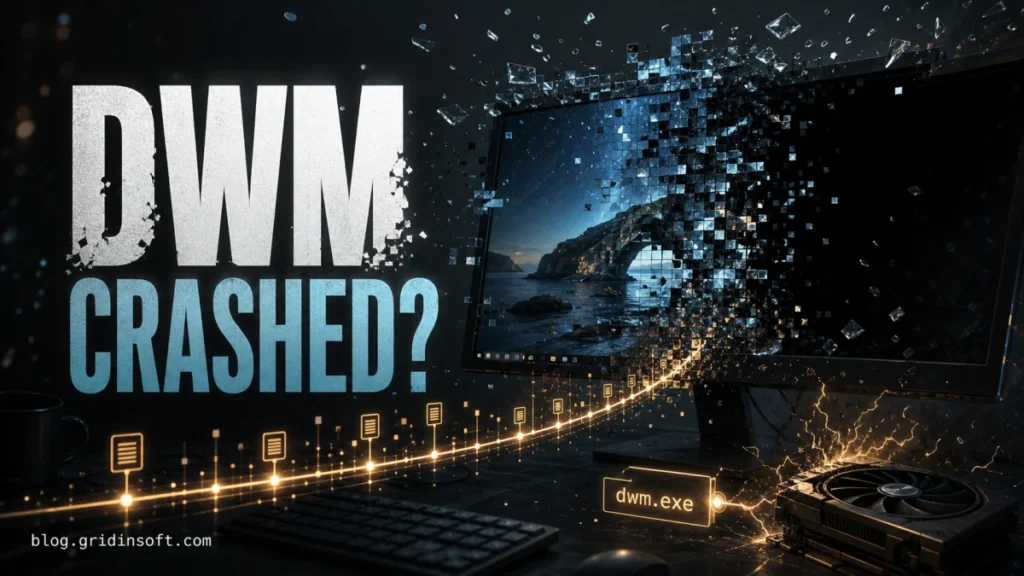 DWM crashed Windows desktop illustration with a broken screen and dwm.exe signal trail