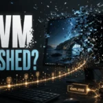 DWM crashed Windows desktop illustration with a broken screen and dwm.exe signal trail