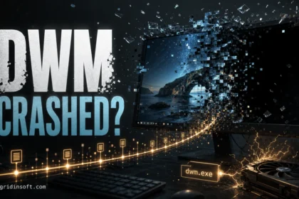 DWM crashed Windows desktop illustration with a broken screen and dwm.exe signal trail