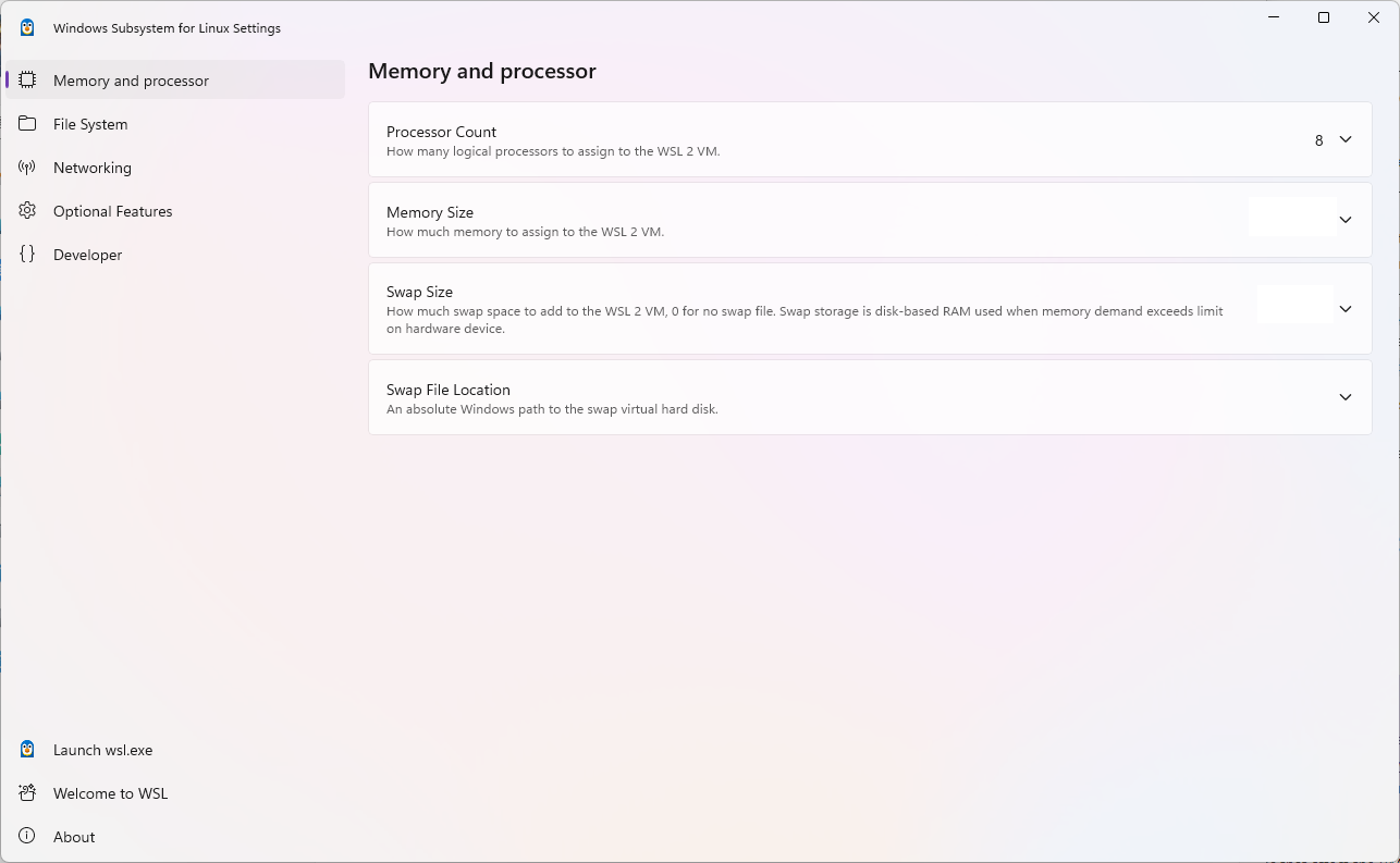 Microsoft WSL Settings showing Memory and processor controls for memory, processors, and swap