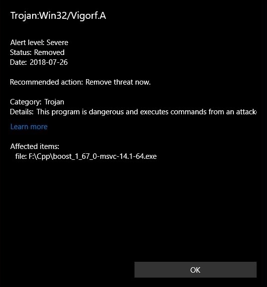Trojan:Win32/Vigorf.A detection in Windows Security